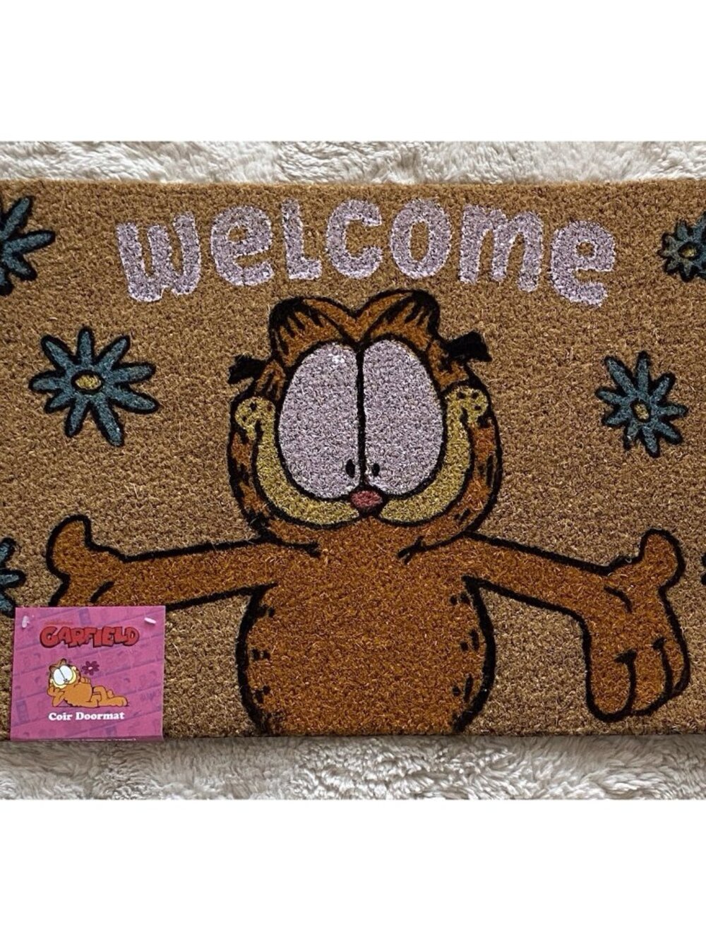 Garfield Spring Summer Flowers Welcome Outdoor Coir Door Mat 18” X 28” NEW